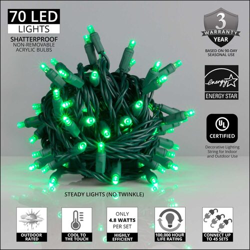 70 LED 5mm wide angle green Christmas string lights on green wire