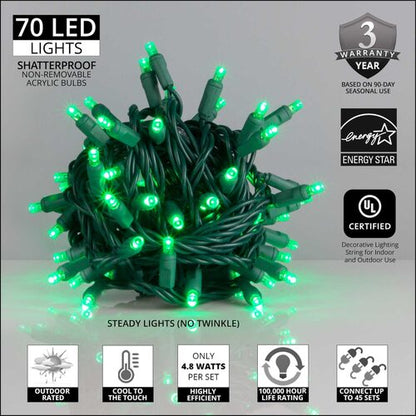 70 LED 5mm wide angle green Christmas string lights on green wire