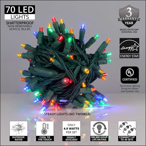 70 LED 5mm wide angle multi color Christmas string lights on green wire