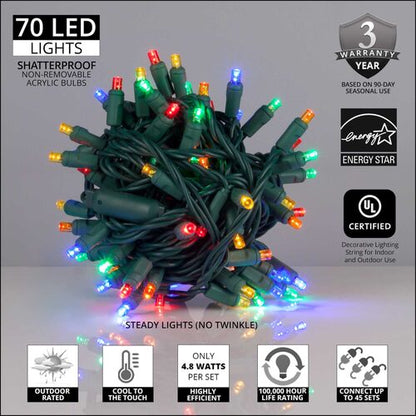 70 LED 5mm wide angle multi color Christmas string lights on green wire