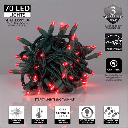 70 LED 5mm wide angle red Christmas string lights on green wire