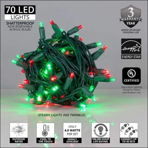 70 LED 5mm wide angle green and red Christmas string lights on green wire