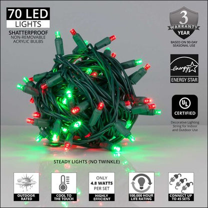 70 LED 5mm wide angle green and red Christmas string lights on green wire