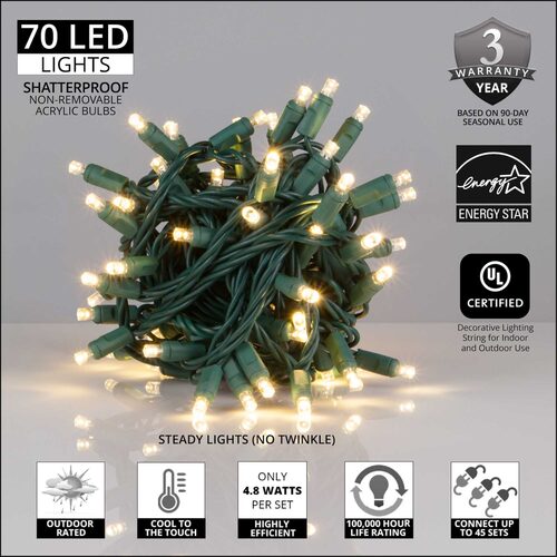 70 LED 5mm wide angle warm white  Christmas string lights on green wire