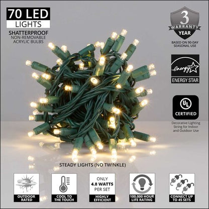 70 LED 5mm wide angle warm white  Christmas string lights on green wire