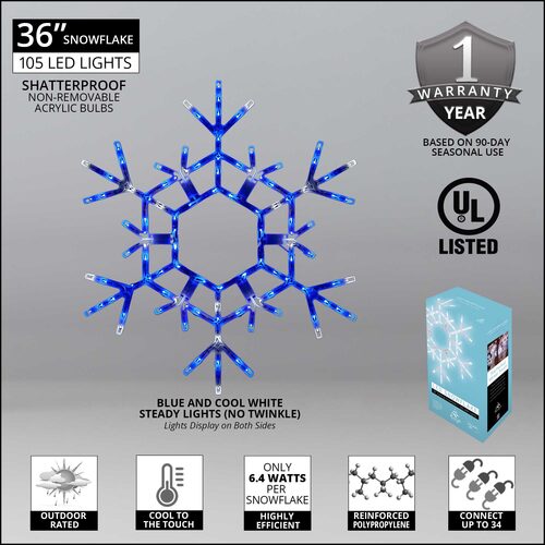 Product specifications for Kringle Traditions 36-inch folding snowflake with 105 steady blue and cool white LED lights, rated for indoor and outdoor use.