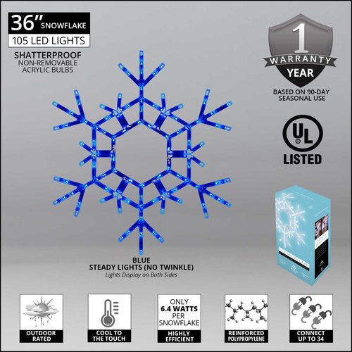 Product specifications for Kringle Traditions giant 36-inch blue LED folding snowflake with 105 steady lights for indoor and outdoor Christmas displays.