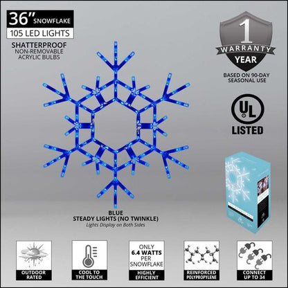 Product specifications for Kringle Traditions giant 36-inch blue LED folding snowflake with 105 steady lights for indoor and outdoor Christmas displays.