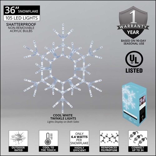 Giant 3 ft (36-inch) cool white LED folding Christmas snowflake with 105 twinkle lights details