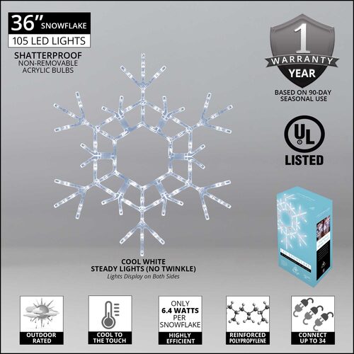 Giant 3 Ft Cool White LED Folding Snowflake – 105 Steady Lights Details
