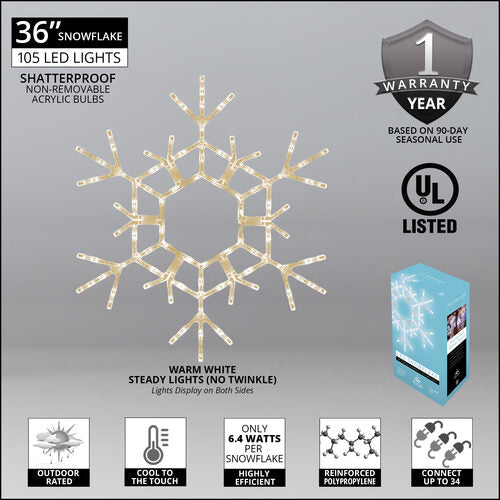 Giant 3 ft (36-inch) warm white LED folding Christmas snowflake with 105 steady lights by Kringle Traditions, Wintergreen Lighting Details