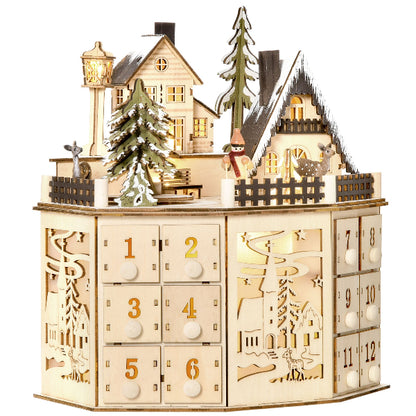 Lighted Wooden Christmas Village Advent Calendar with 24 Drawers – Second Design – product image