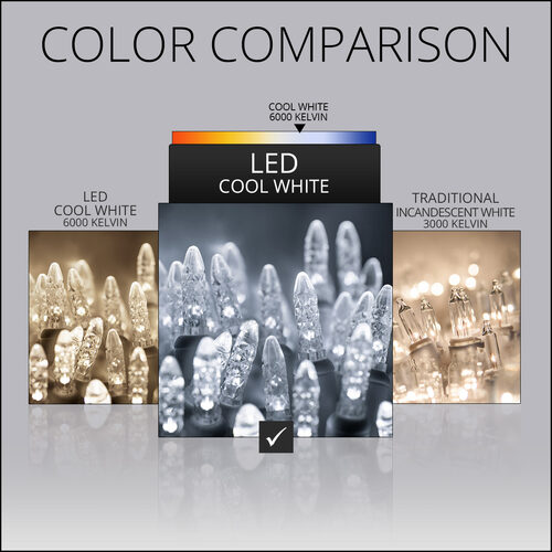 70 LED M5 Twinkle icicle Christmas lights on white wire in Warm White and Cool White color comparison