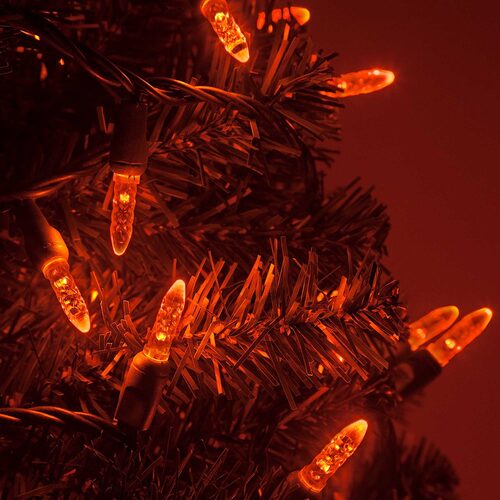 70 LED M5 amber Christmas string lights on green wire