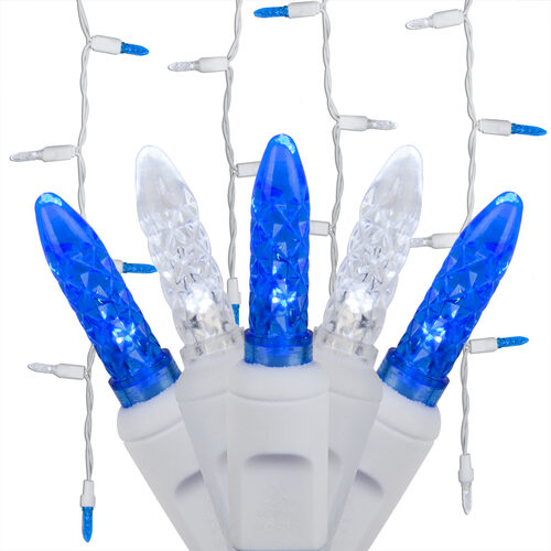 Blue and Cool White 70 LED M5 icicle Christmas lights on white wire