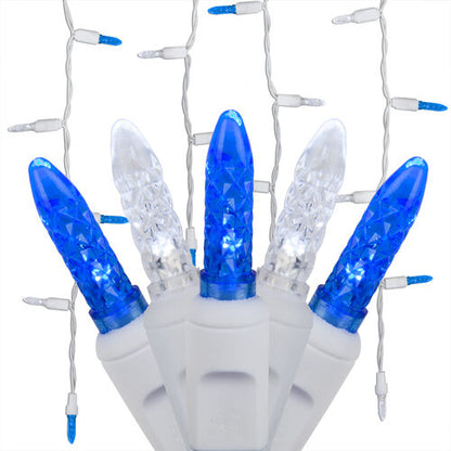 Blue and Cool White 70 LED M5 icicle Christmas lights on white wire