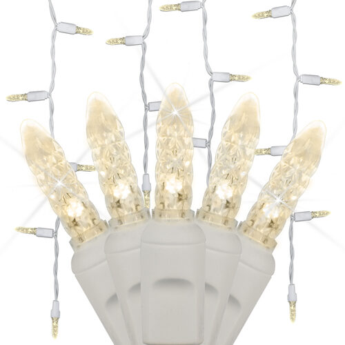 Warm White 70 LED M5 Twinkle icicle Christmas lights on white wire
