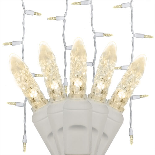 Warm White 70 LED M5 icicle Christmas lights on white wire