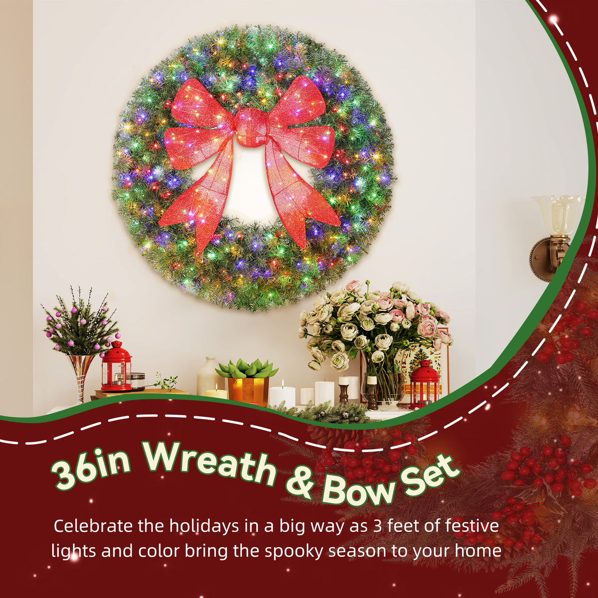36 Inch Pre-Lit Christmas Wreath with 3D Red Bow – additional product view 4