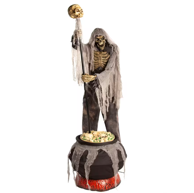 6.7 Ft Skeleton Stirring Cauldron Animated Halloween Prop