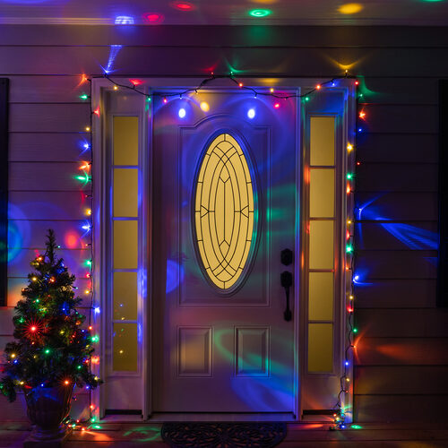 50 LED Halo multicolor Christmas string lights on green wire with colorful projected light rings
