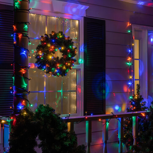 50 LED Halo multicolor Christmas string lights on green wire with colorful projected light rings