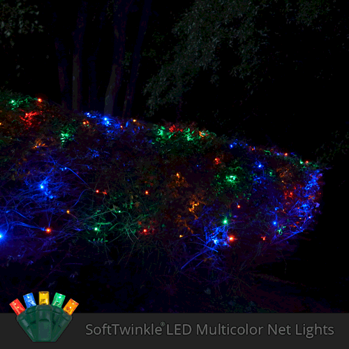 multicolor 70 LED 5mm SoftTwinkle Christmas net lights on green wire