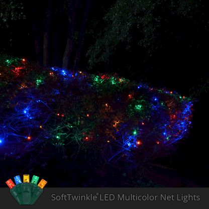 multicolor 70 LED 5mm SoftTwinkle Christmas net lights on green wire