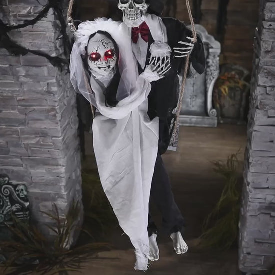 Bride groom Skeleton couple on a swing talking Halloween decoration