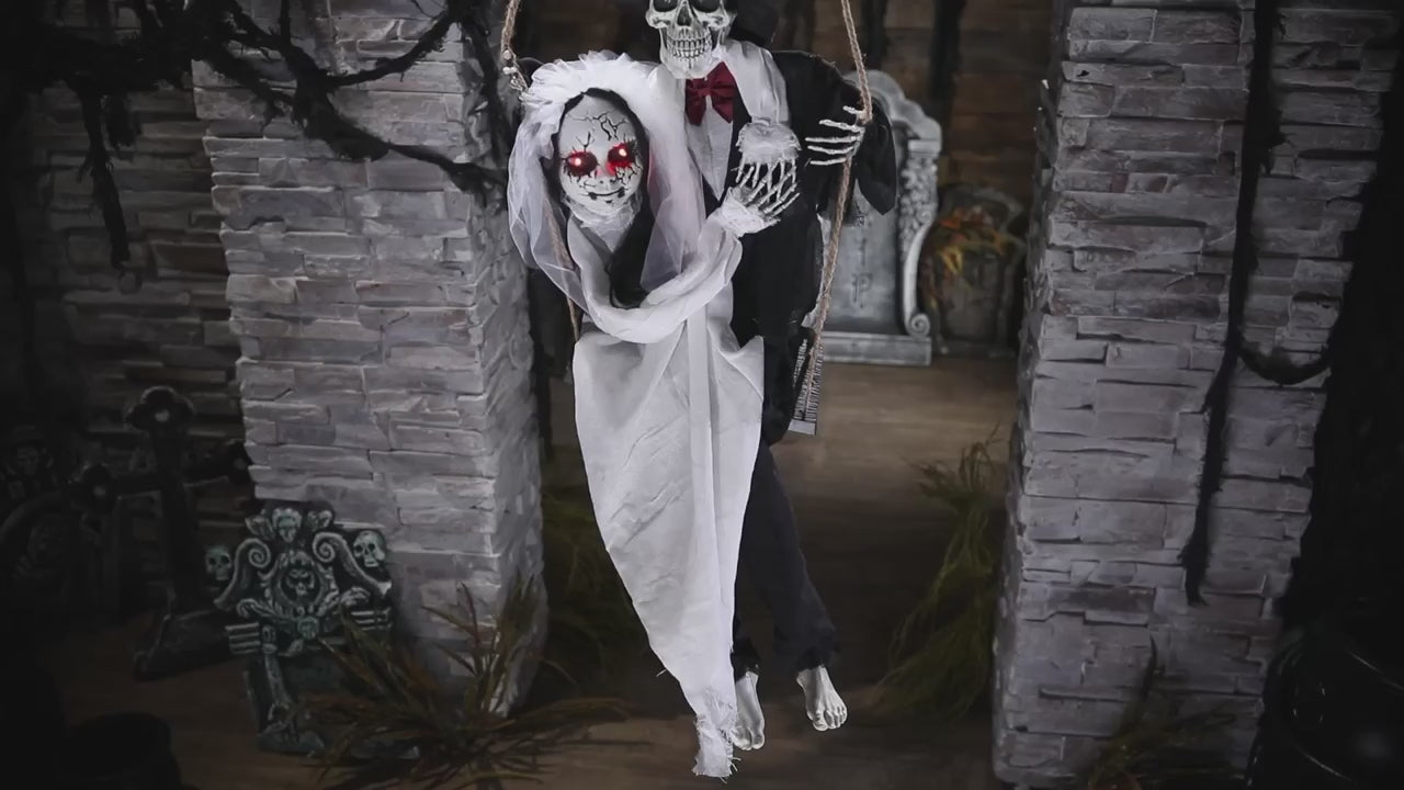 Bride groom Skeleton couple on a swing talking Halloween decoration
