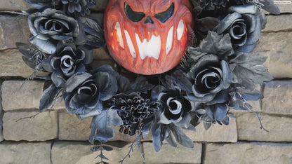 17" Jack 0' Lantern & Roses Lighted Wreath