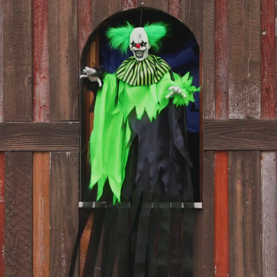 4 Ft Green Black Hanging Evil Clown animated Halloween prop