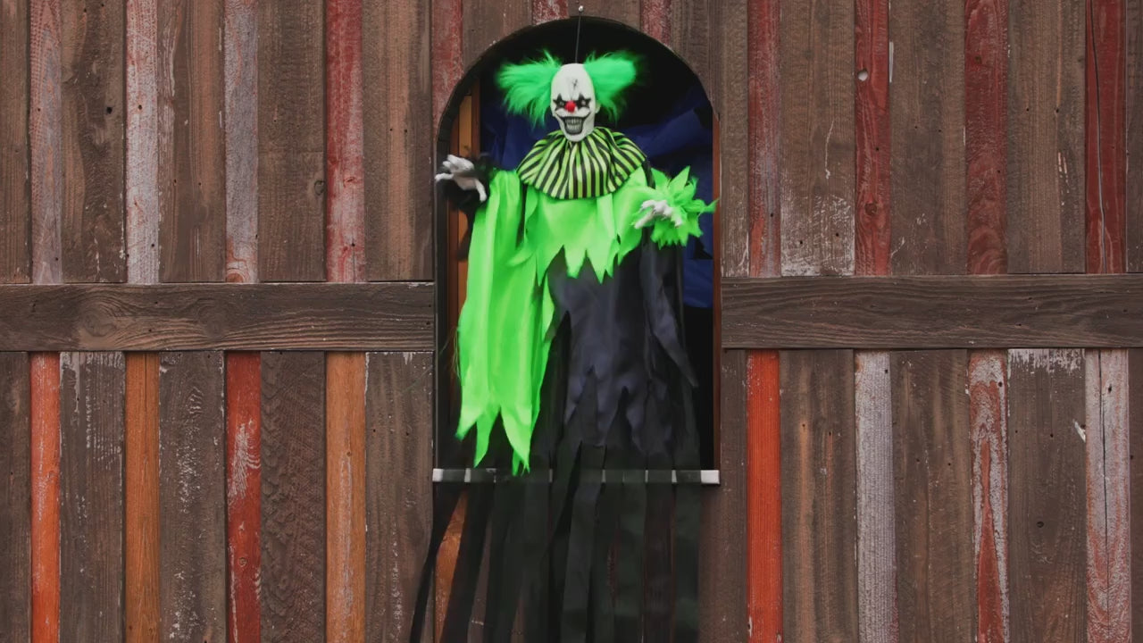 4 Ft Green Black Hanging Evil Clown animated Halloween prop