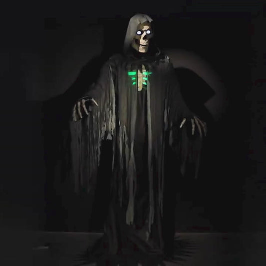 10 ft towering skeleton reaper animated Halloween prop digital eyes