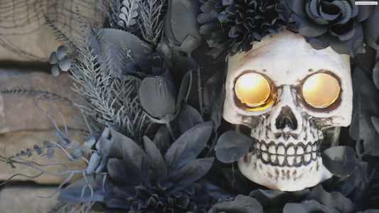 15" Skull &amp; Feather Gothic Lights Sound Halloween Wreath