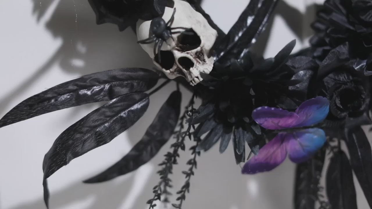25" Dark Floral Wreath with Skulls, Spiders & Butterflies Halloween decoration