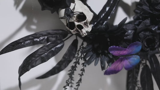 25" Dark Floral Wreath with Skulls, Spiders & Butterflies Halloween decoration