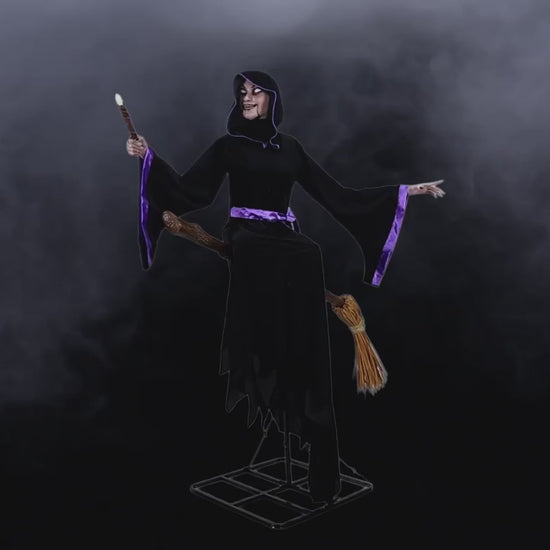8 Ft. Animated Light-Up Hovering Witch with Broom & Wand Halloween Decoration