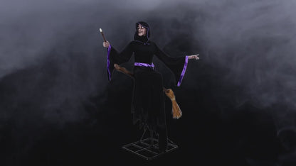8 Ft. Animated Light-Up Hovering Witch with Broom & Wand Halloween Decoration