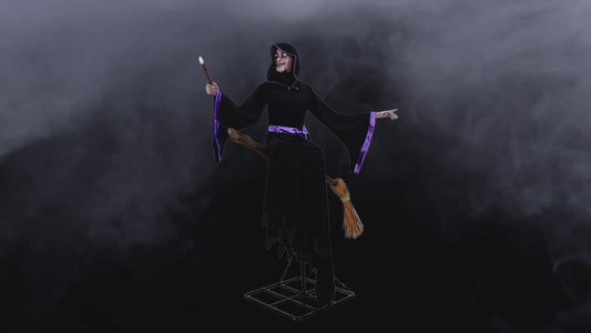 8 Ft. Animated Light-Up Hovering Witch with Broom & Wand Halloween Decoration