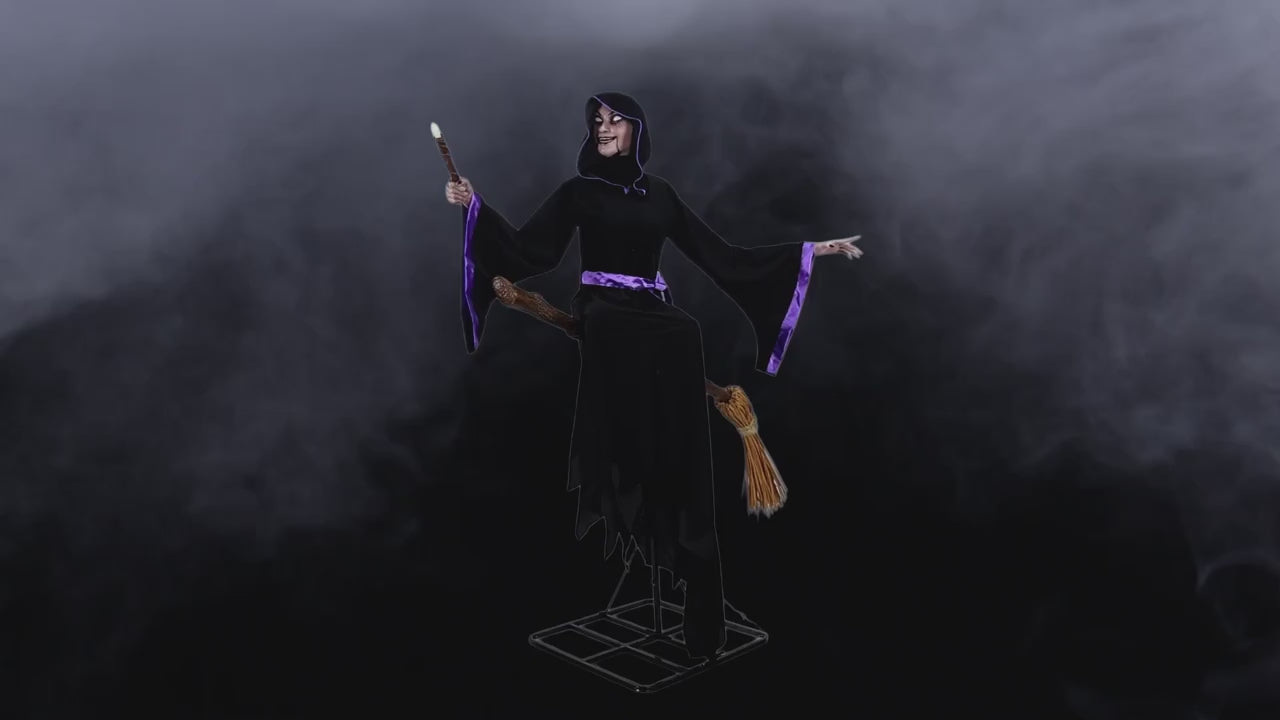 8 Ft. Animated Light-Up Hovering Witch with Broom & Wand Halloween Decoration