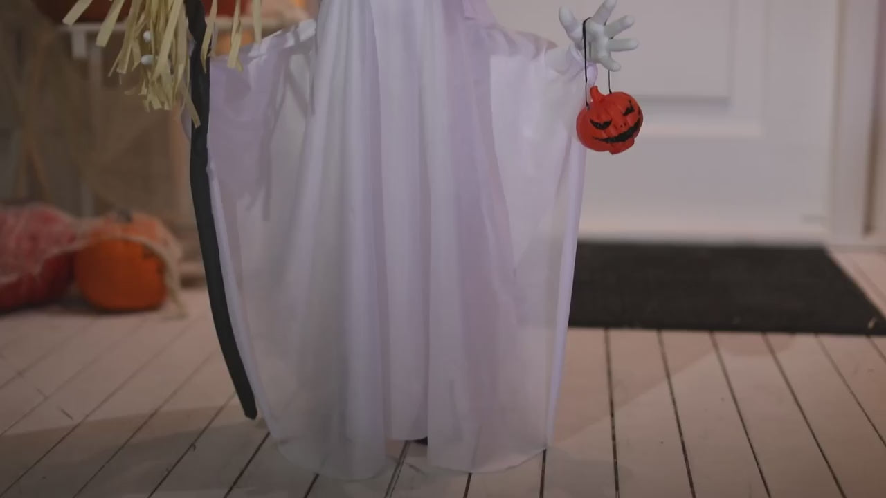 29" Light-Up Standing Ghost with Witch Hat & Broom Cute Halloween Decoration