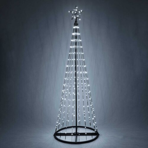 Wintergreen Lighting 6 Ft cool white animated LED Christmas tree with 360 LED lights, glowing star topper, black center pole and circular base.