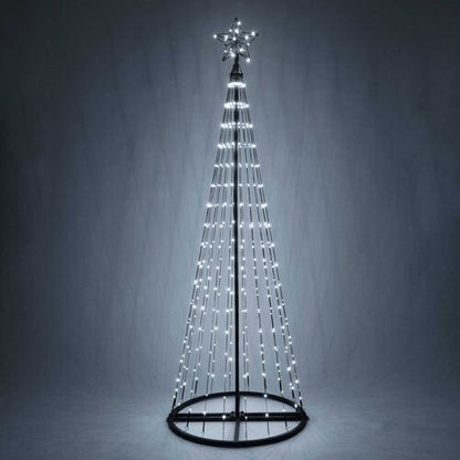 Wintergreen Lighting 6 Ft cool white animated LED Christmas tree with 360 LED lights, glowing star topper, black center pole and circular base.