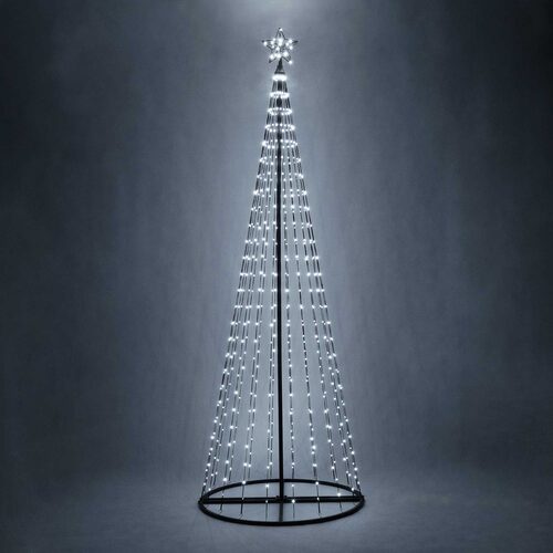 Wintergreen Lighting 9 Ft cool white LED Christmas light show tree with 540 LEDs, black center pole, circular base and illuminated star.