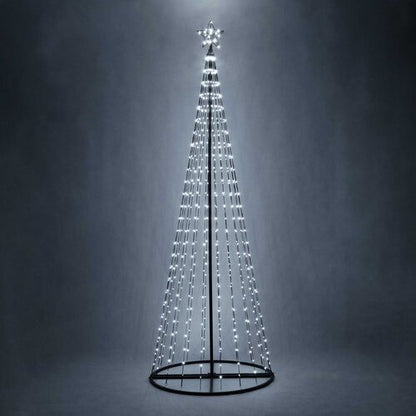 Wintergreen Lighting 9 Ft cool white LED Christmas light show tree with 540 LEDs, black center pole, circular base and illuminated star.