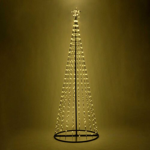Wintergreen Lighting 9 Ft Warm White Animated LED Christmas Light Show Tree with 540 LED lights, illuminated star topper, black center pole and circular base.