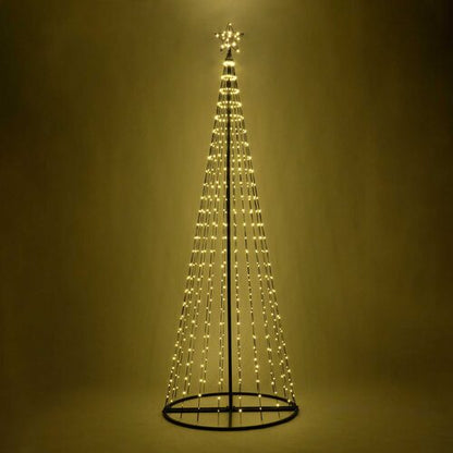 Wintergreen Lighting 9 Ft Warm White Animated LED Christmas Light Show Tree with 540 LED lights, illuminated star topper, black center pole and circular base.