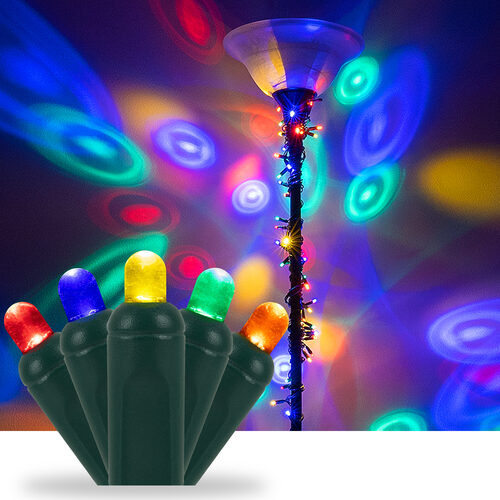 50 LED Halo multicolor Christmas string lights on green wire with colorful projected light rings