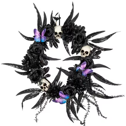 25" Dark Floral Wreath with Skulls, Spiders & Butterflies Halloween decoration
